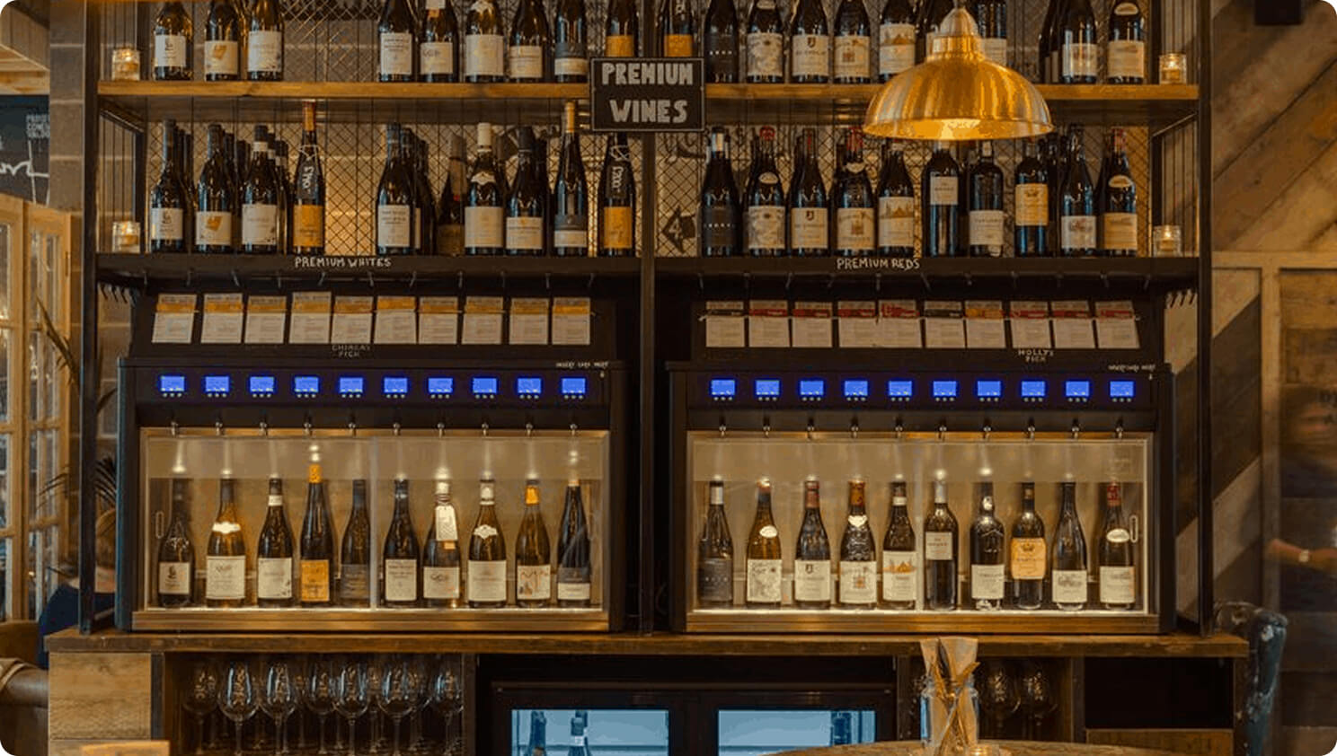 Wine machines and shelves of Mallorcan wines at Casa Roca in Palma Old Town
