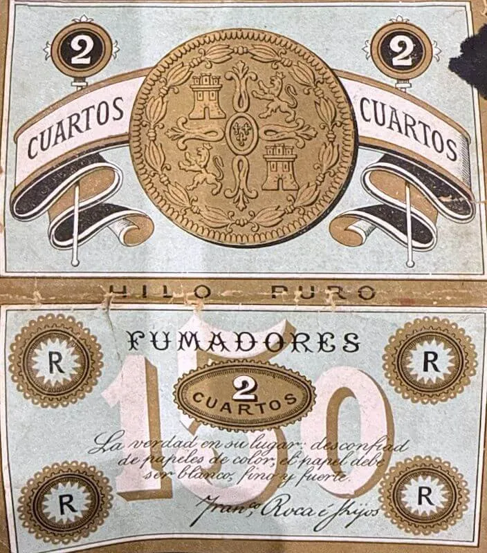 Cuartos original cigarette paper design (found in Casa Roca)- Now the basis of the inspiration for the border of the founder's mural.