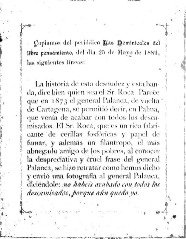 Explanation of the 1889 photo sent to a liberal publication explaining Francisco's support of the poor.