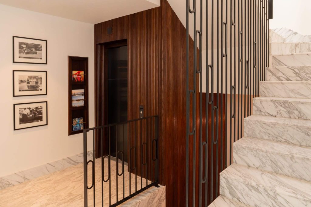 Marble staircase and wrought iron balustrade at Casa Roca in Palma