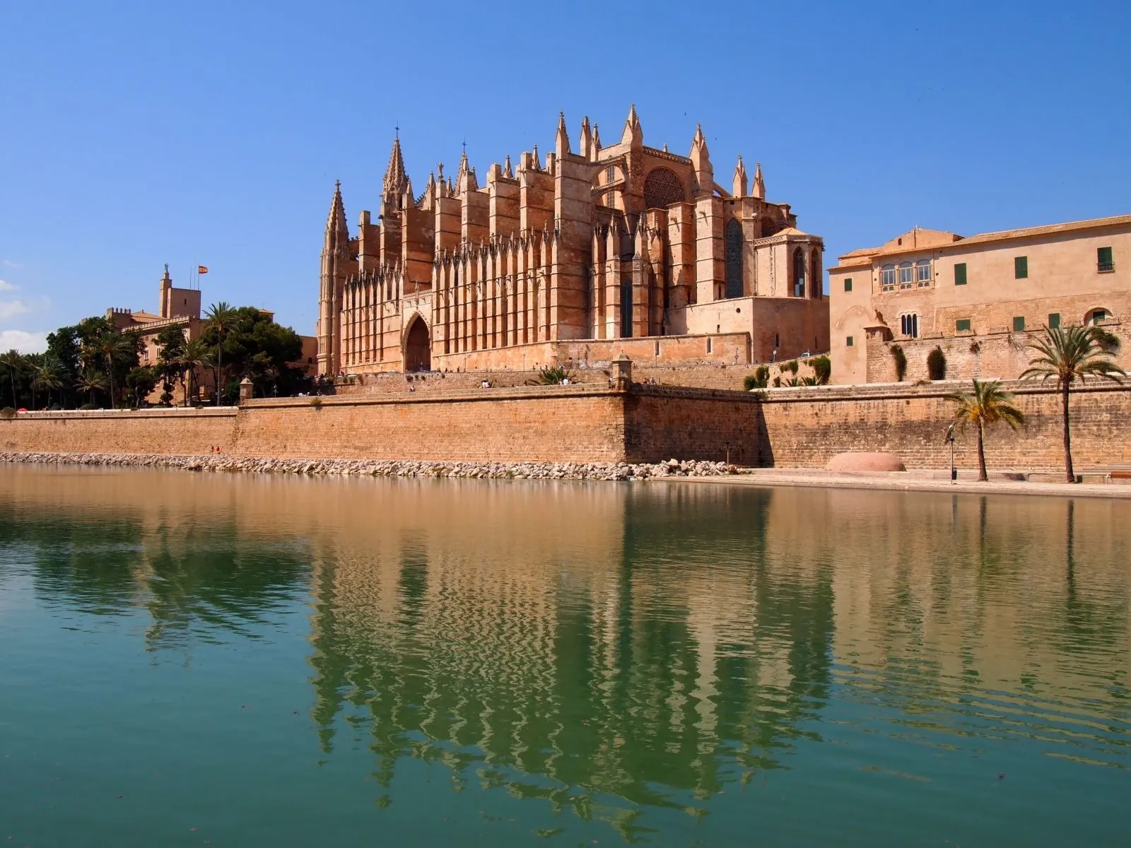 Palma Cathedral reflected in the lake of the Parc de la Mar, one of the top things to do in Palma de Mallorca