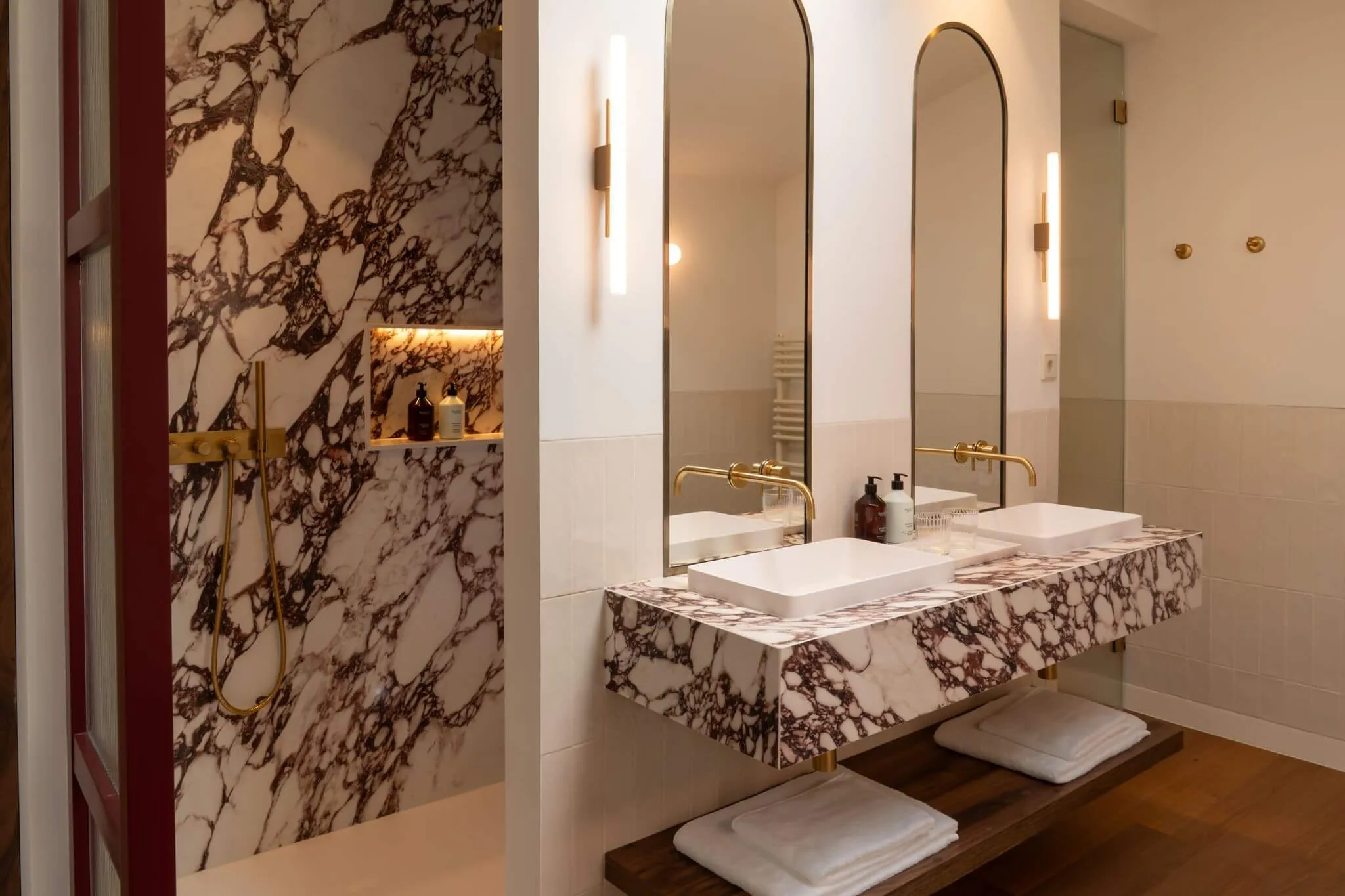 Marble double washbasin in the penthouse bathroom at Casa Roca in Palma