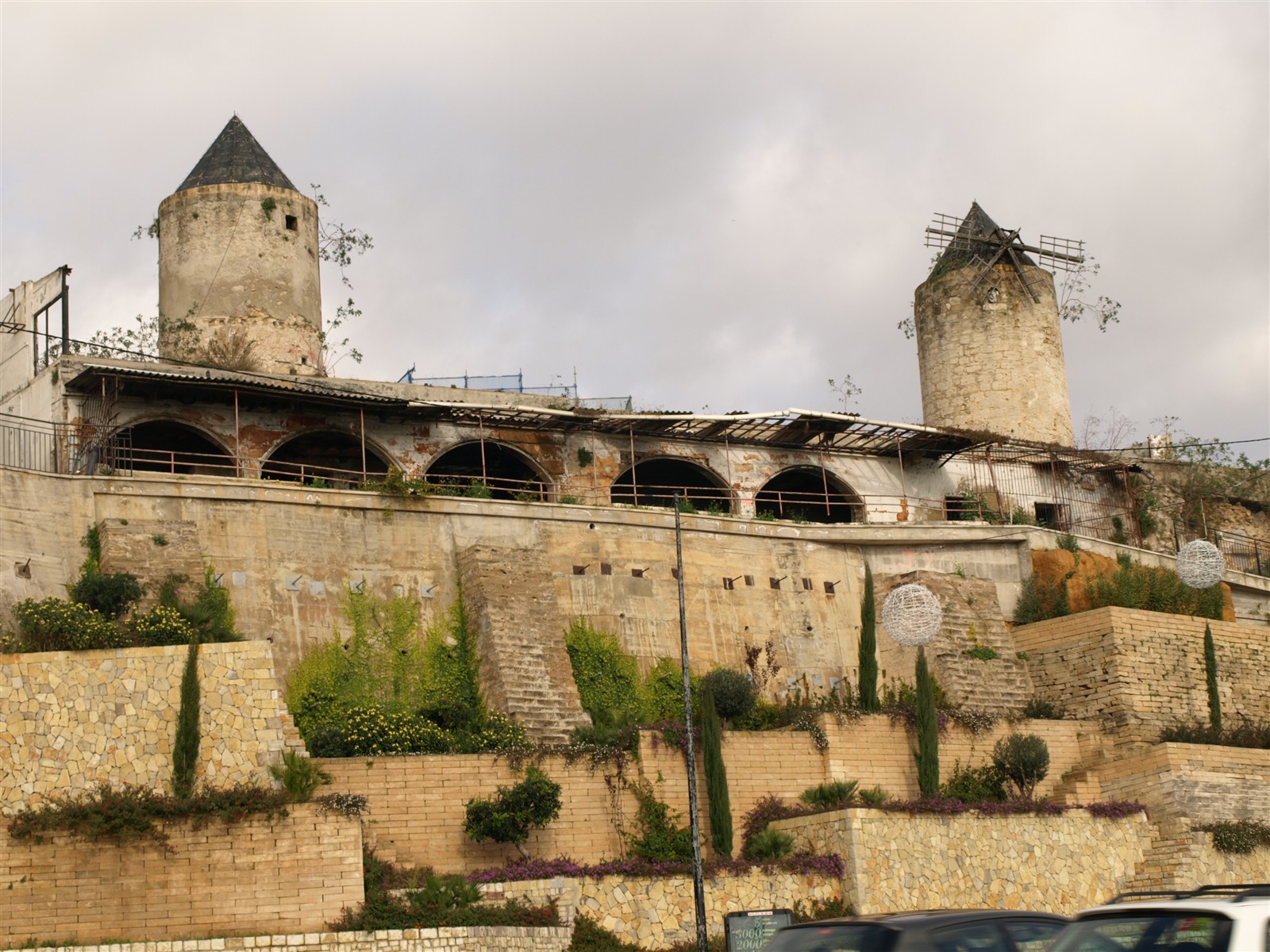 The historic windmills of Es Jonquet on the ridge above Santa Catalina in Palma