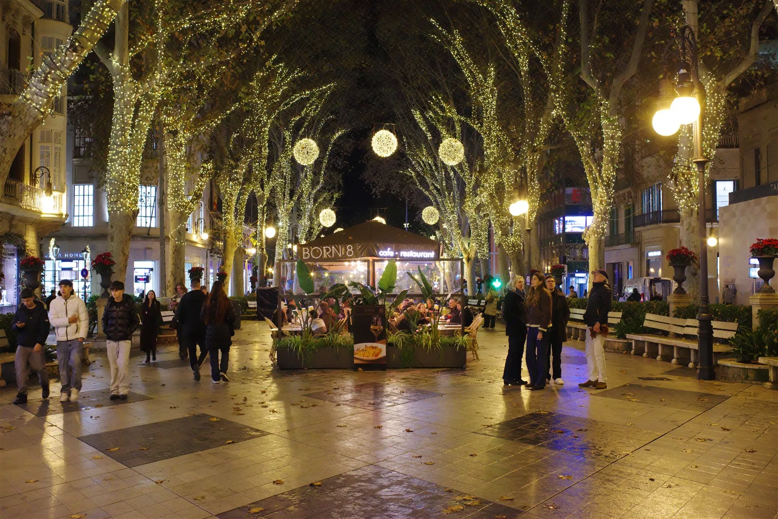 The Passeig del Born in Palma lit up in the evening during the festive season