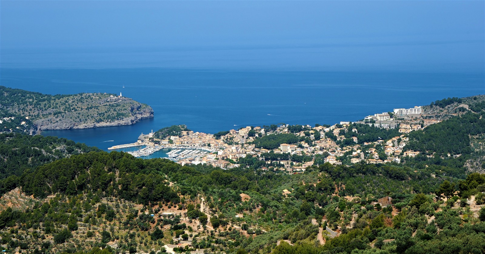 The horseshoe bay and marina at Port de Soller seen from the surrounding hills