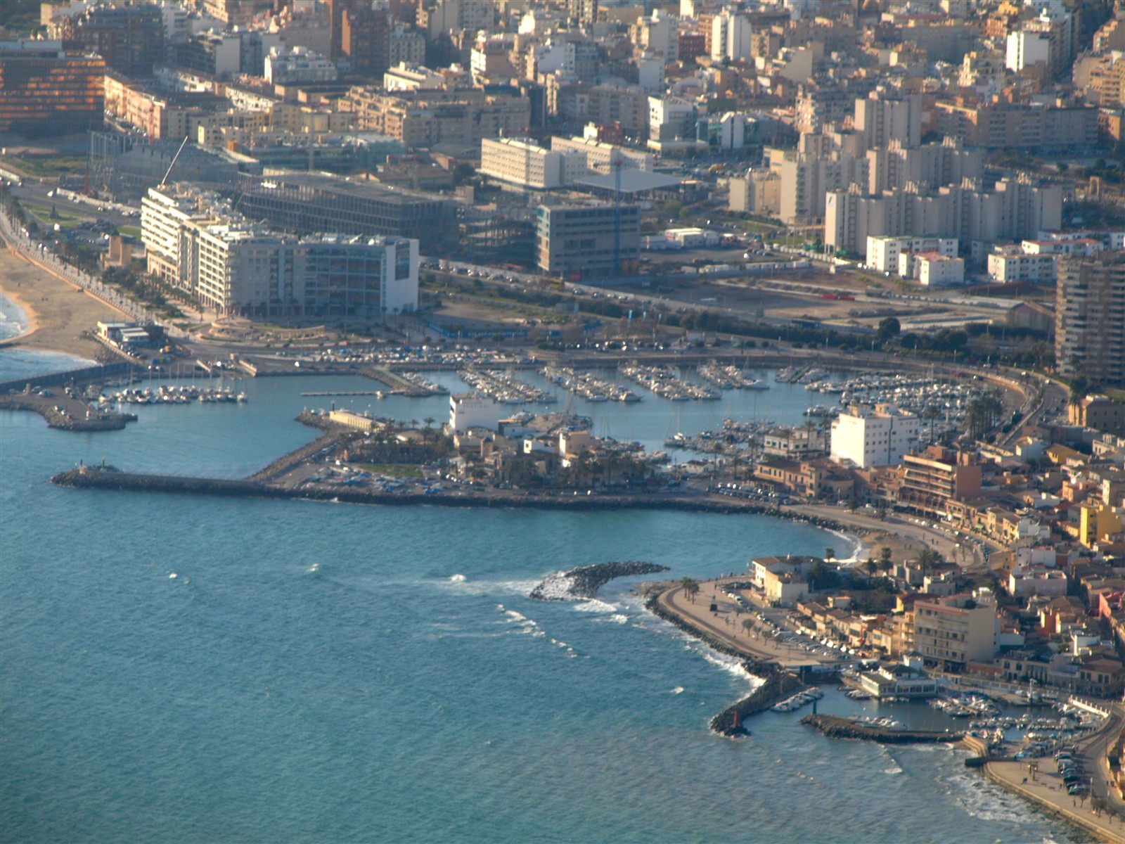 Aerial view of the Portixol harbour and waterfront east of Palma city centre