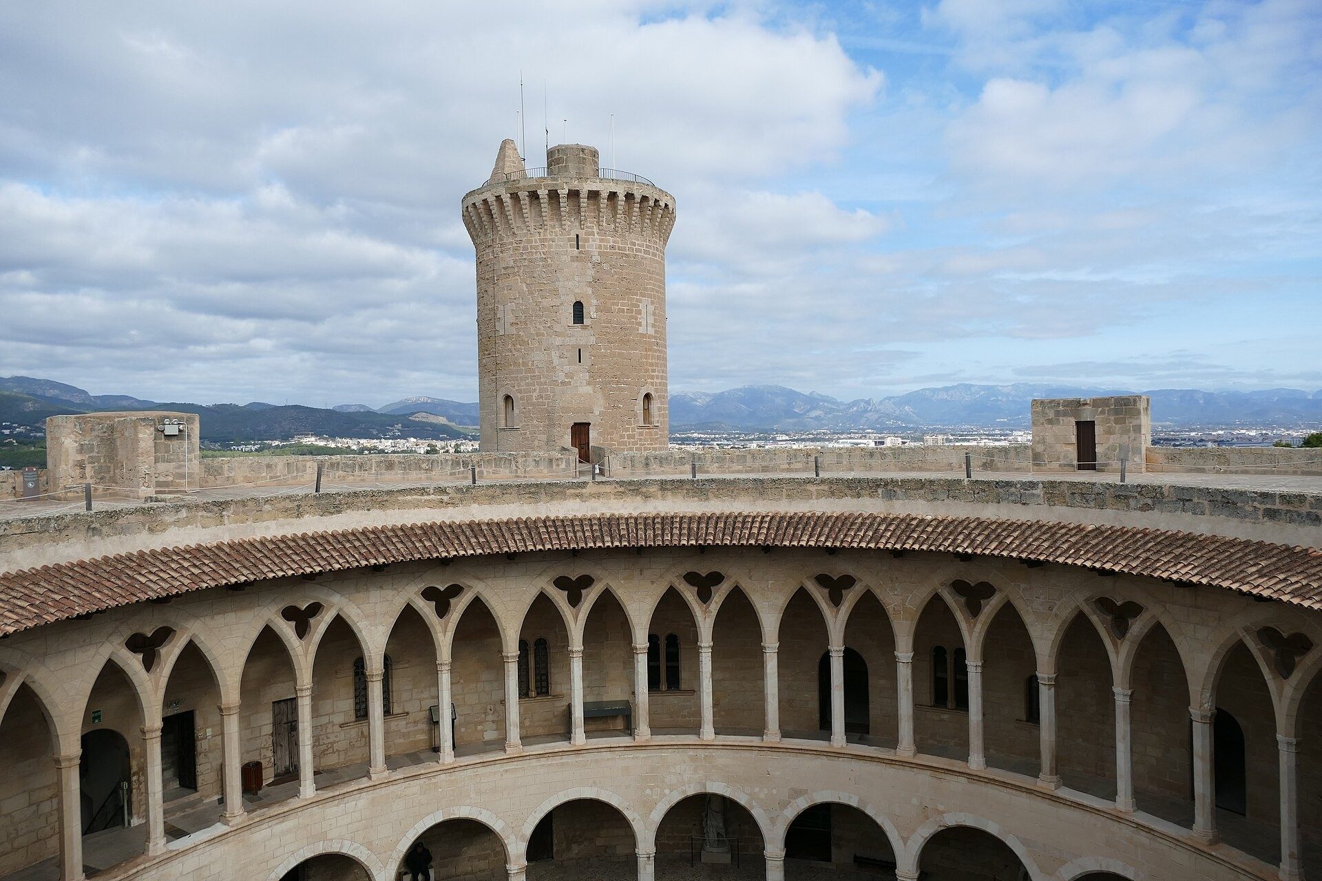 Round Gothic courtyard and keep tower of Bellver Castle above Palma