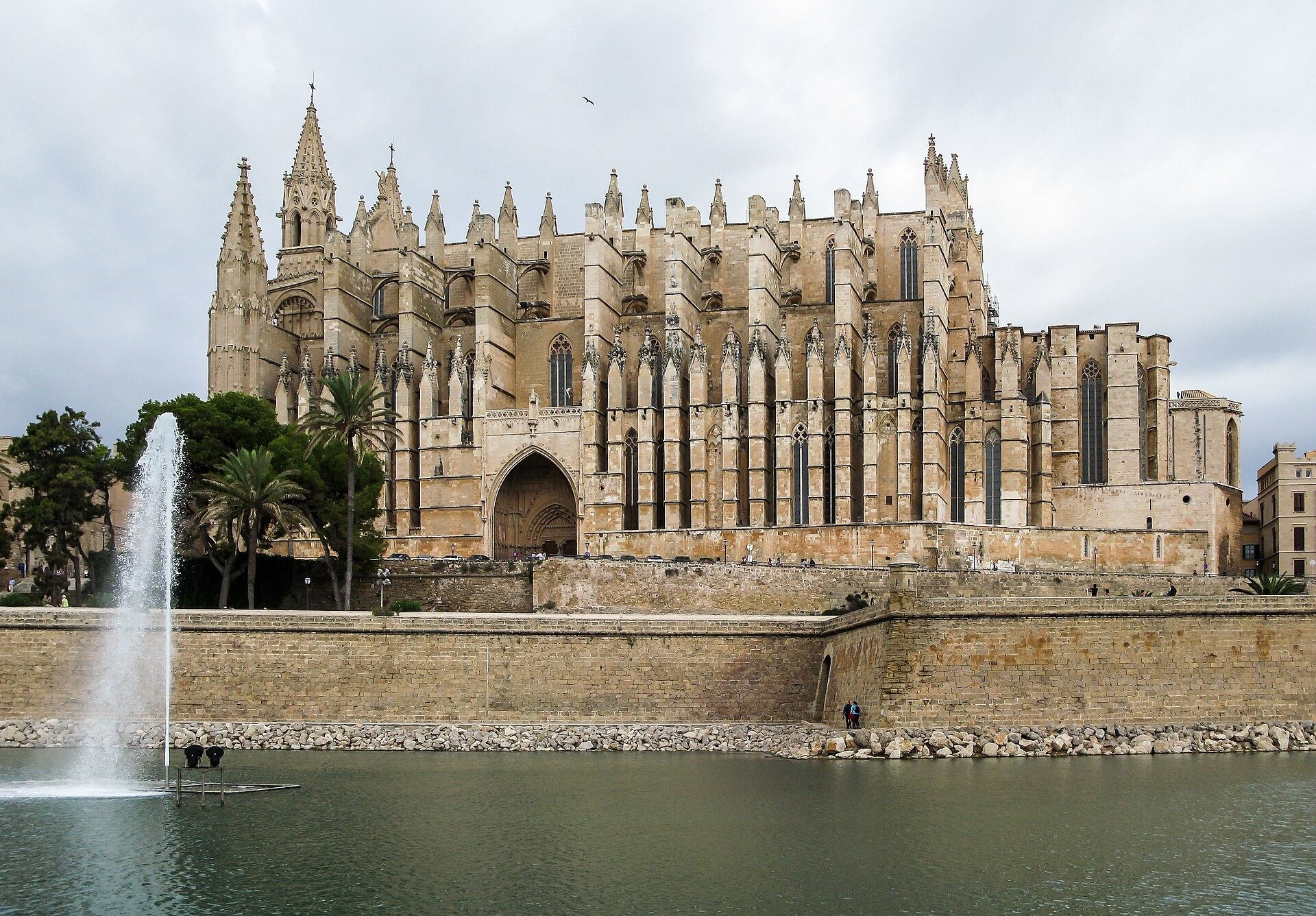 Palma Cathedral La Seu above the Parc de la Mar lake and fountain on a one day visit to Palma de Mallorca
