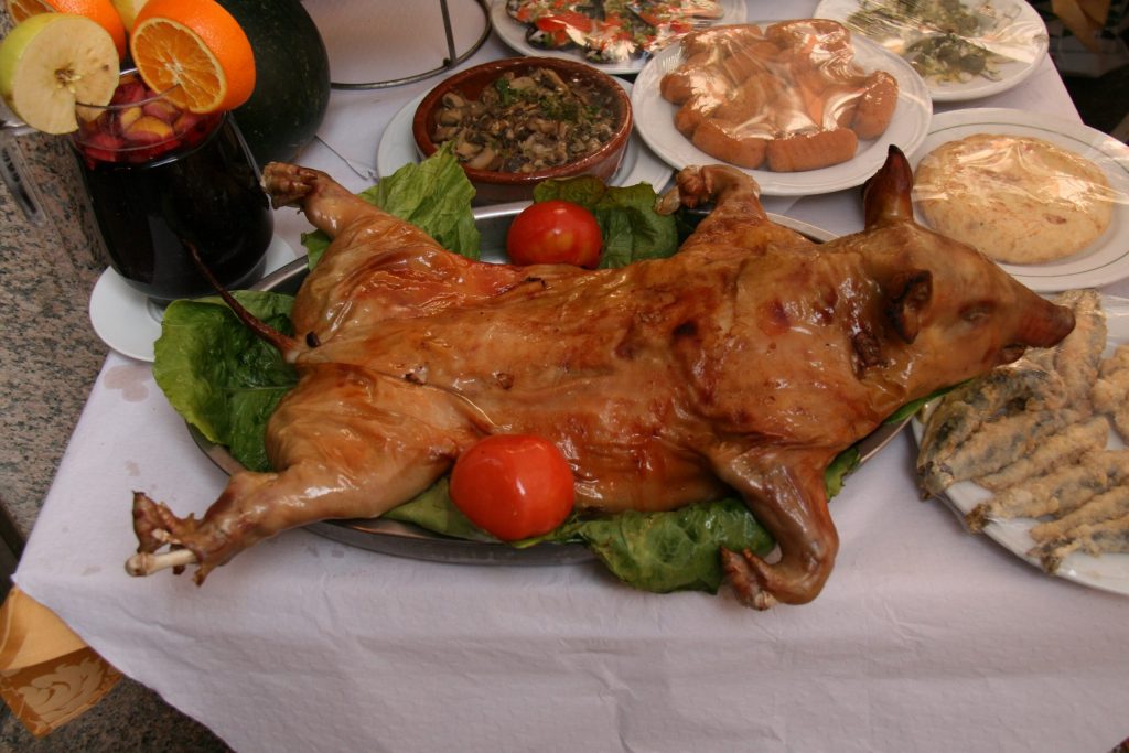 Roast suckling pig, porcella, a traditional dish to eat at Christmas in Palma de Mallorca